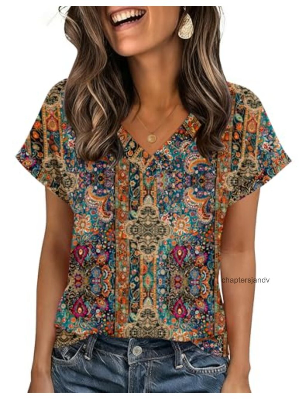Womens V-Neck Rolled Short Sleeve Blouse Soft Stretch